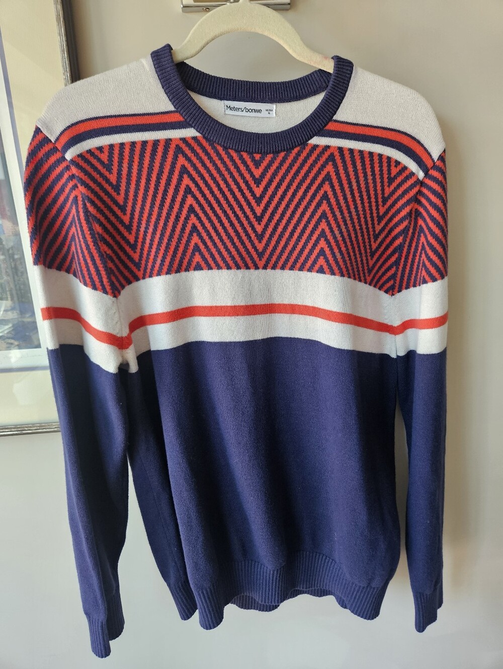 Navy Crewneck Sweater with Red & White Geometric Detail - Size XL